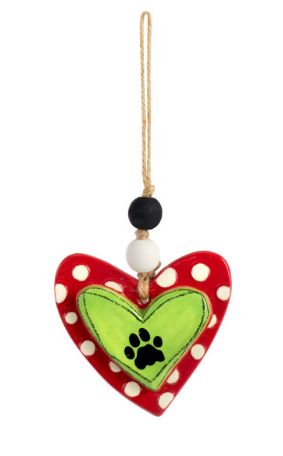 PAW PRINT HEART ORNAMENT - GREEN & RED