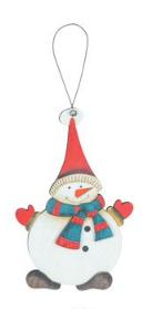 RED HAT SNOWMAN WOODEN ORNAMENT