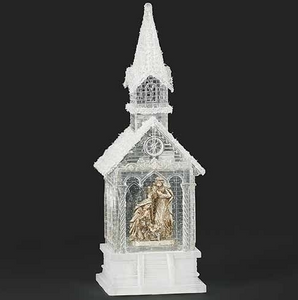 LIGHTED SWIRL CHURCH WITH SILVER NATIVITY