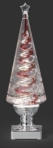 LIGHTED SWIRL RED & SILVER SPIRAL TREE WITH SILVER BASE