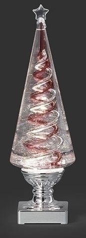 LIGHTED SWIRL RED & SILVER SPIRAL TREE WITH SILVER BASE