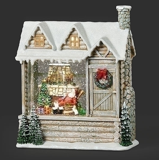 LIGHTED SWIRL LOG CABIN SLEEPING SANTA