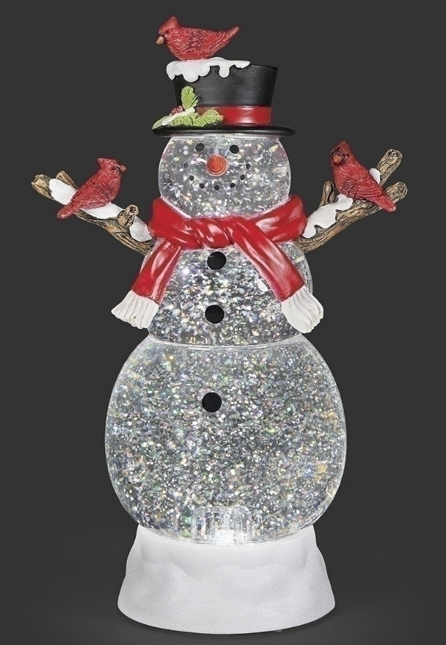LIGHTED SWIRL SNOWMAN WITH CARDINALS