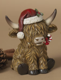 HOLIDAY SITTING HIGHLAND COW FIGURE