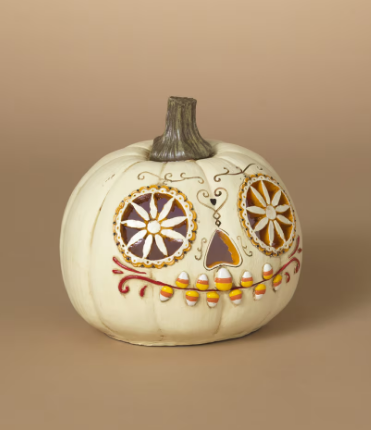 LIGHTED RESIN DAY OF THE DEAD PUMPKIN