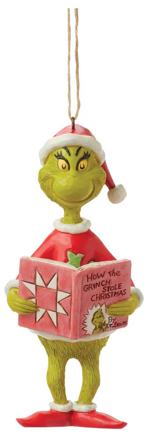 GRINCH HOLDING BOOK ORNAMENT