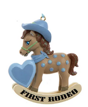 Load image into Gallery viewer, &quot;FIRST RODEO&quot; BABY&#39;S 1ST ROCKING HORSE ORNAMENT
