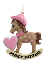 Load image into Gallery viewer, &quot;FIRST RODEO&quot; BABY&#39;S 1ST ROCKING HORSE ORNAMENT
