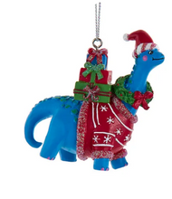 Load image into Gallery viewer, COLORFUL DINOSAUR WITH TREE OR PRESENTS ORNAMENT
