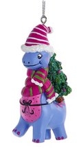 Load image into Gallery viewer, COLORFUL DINOSAUR WITH TREE OR PRESENTS ORNAMENT
