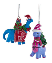 Load image into Gallery viewer, COLORFUL DINOSAUR WITH TREE OR PRESENTS ORNAMENT
