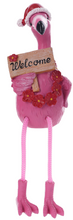 Load image into Gallery viewer, HOLIDAY FLAMINGO HOLDING SIGN SHELF SITTER
