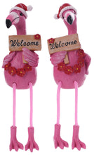 Load image into Gallery viewer, HOLIDAY FLAMINGO HOLDING SIGN SHELF SITTER
