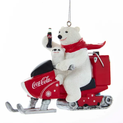 COCA-COLA® POLAR BEAR WITH CUB RIDING SNOW MOBILE ORNAMENT