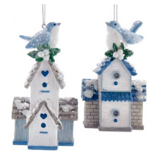 Load image into Gallery viewer, BLUE &amp; WHITE BIRDHOUSE ORNAMENT - GRAY ROOF
