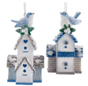BLUE & WHITE BIRDHOUSE ORNAMENT - GRAY ROOF