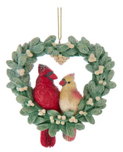 Load image into Gallery viewer, MISTLETOE WREATH WITH CARDINAL OR DEER COUPLE ORNAMENT
