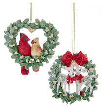 Load image into Gallery viewer, MISTLETOE WREATH WITH CARDINAL OR DEER COUPLE ORNAMENT
