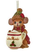 Load image into Gallery viewer, MOUSE WITH POINSETTIA OR HOLLY LEAF MUG ORNAMENT
