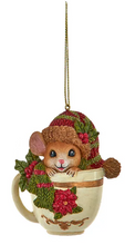 Load image into Gallery viewer, MOUSE WITH POINSETTIA OR HOLLY LEAF MUG ORNAMENT
