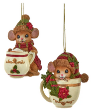 Load image into Gallery viewer, MOUSE WITH POINSETTIA OR HOLLY LEAF MUG ORNAMENT
