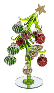 GLASS SLANTED CHRISTMAS TREE WITH ORNAMENTS