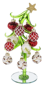 GLASS SLANTED CHRISTMAS TREE WITH ORNAMENTS