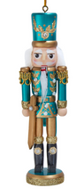 Load image into Gallery viewer, WOODEN METALIC BLUE &amp; GREEN NUTCRACKER ORNAMENT
