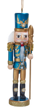 Load image into Gallery viewer, WOODEN METALIC BLUE &amp; GREEN NUTCRACKER ORNAMENT
