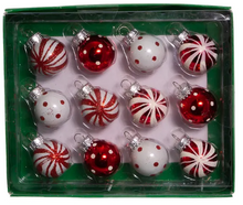 Load image into Gallery viewer, MINIATURE RED AND WHITE GLASS BALL ORNAMENTS - 12-PIECE BOX SET
