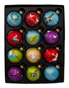 65MM GLASS 12 DAYS OF CHRISTMAS BALL ORNAMENTS, 12-PIECE BOX