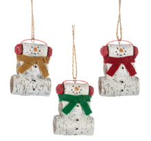 Load image into Gallery viewer, SNOWMAN WITH BIRCH LOG ORNAMENT

