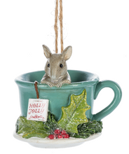 Load image into Gallery viewer, HOLIDAY MOUSE IN TEACUP ORNAMENT
