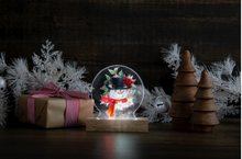 Load image into Gallery viewer, LED LIGHT UP SNOWMAN IN POINSETTIA TABLETOP DÉCOR`
