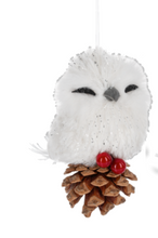 Load image into Gallery viewer, SNOWY OWL ON PINECONE ORNAMENT
