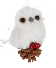 Load image into Gallery viewer, SNOWY OWL ON PINECONE ORNAMENT
