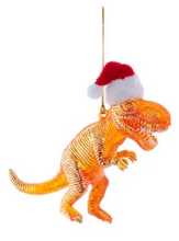 Load image into Gallery viewer, COLORFUL T-REX WEARING SANTA HAT ORNAMENT
