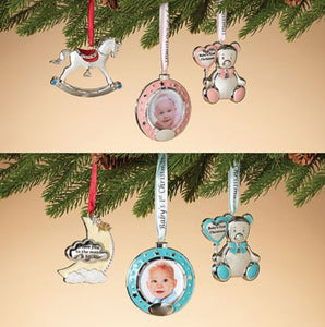SILVER PLATED BABY'S FIRST CHRISTMAS ORNAMENTS