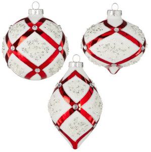 GLASS RED & WHITE JEWELED ORNAMENT