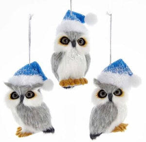 FURRY OWL WITH BLUE HAT ORNAMENT - LOOKING STRAIGHT