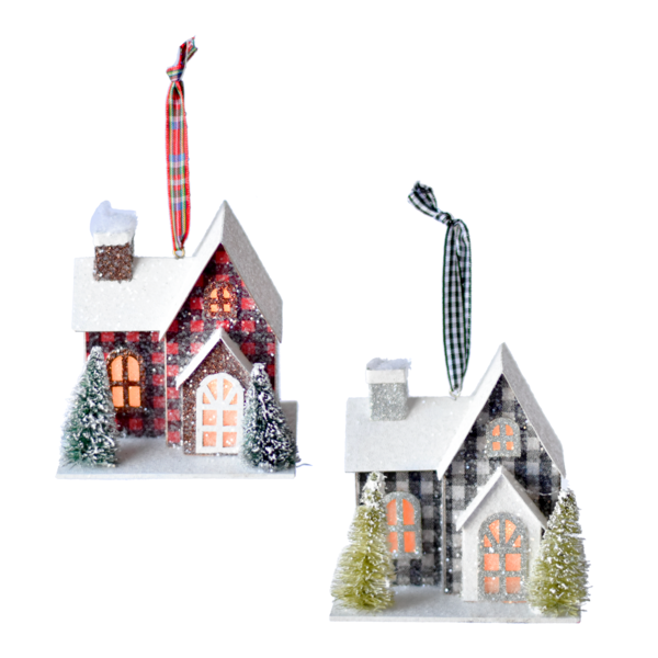 LED LIGHT UP BUFFALO PLAID HOUSE ORNAMENT - BLACK