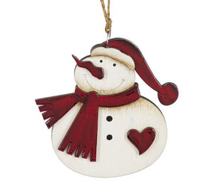WOODEN SNOWMAN WITH HEART ORNAMENT