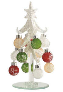 FROSTED WHITE GLASS TREE WITH 12 ORNAMENTS